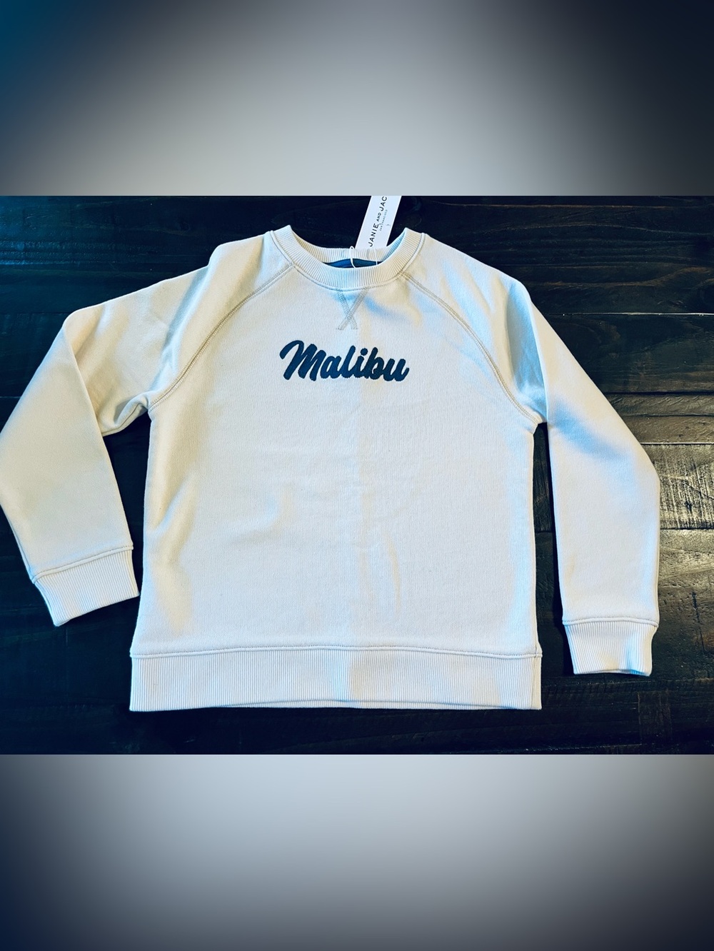 Janie and Jack Unisex Cream with Navy embroidered ‘Malibu’ Script Sweater 7